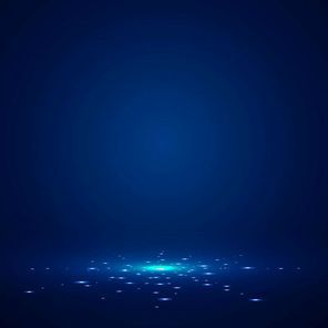 Blue stage background with light rays of spotlight and falling sparkling. Shimmering light dust shining. Studio room. Vector illustration