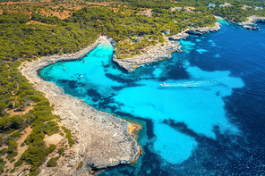 Boats and luxury yachts in transparent sea at sunny day in Mallorca, Spain in summer. Aerial view of sea coast. Colorful landscape with marina bay, azure water, green trees. Top view of shore. Travel