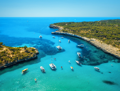 Aerial view of boats, luxury yachts, green trees and transparent sea in sunny bright day in Mallorca, Spain. Summer landscape with bay, azure water, beach, blue sky. Balearic islands. Top view. Travel