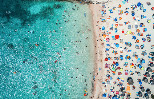 Aerial view of sandy beach with colorful umbrellas, swimming people in sea bay with crystal clear blue water in sunny morning in summer. Travel in Balearic islands. Top view from drone. Landscape