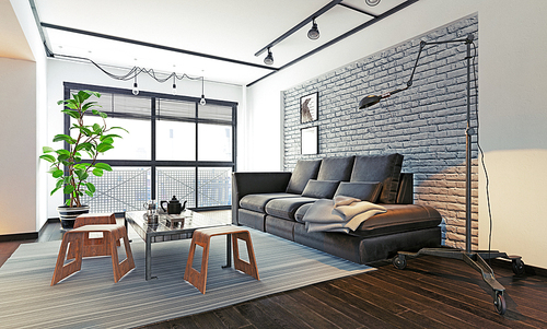 modern loft interior living room. 3d rendering design concept
