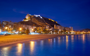 Alicante skyline at sunset from Postiguet beach in spain