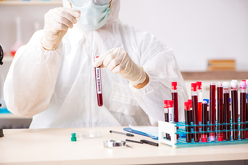 Young handsome lab assistant testing blood samples in hospital