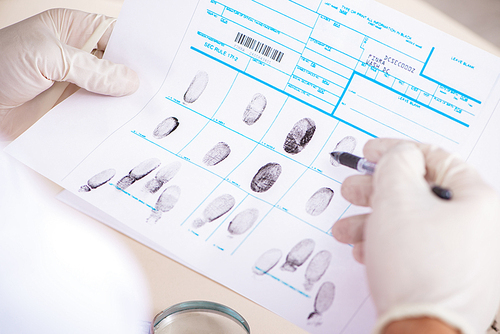 Forensic expert studying fingerprints in the lab