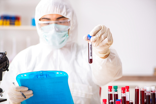 Young handsome lab assistant testing blood samples in hospital