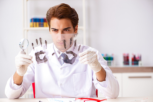 Forensic expert studying fingerprints in the lab