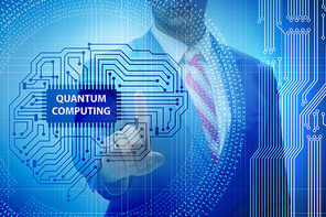 Businessman pressing virtual button in quantum computing concept