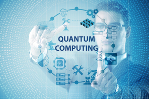 Businessman pressing virtual button in quantum computing concept