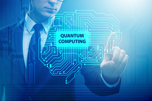 Businessman pressing virtual button in quantum computing concept