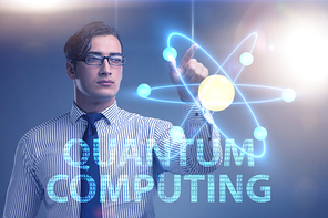 Businessman pressing virtual button in quantum computing concept