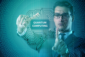 Businessman pressing virtual button in quantum computing concept