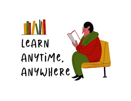 Learn anytime anywhere. Vector illustration. A man reading a book sitting in public transport.