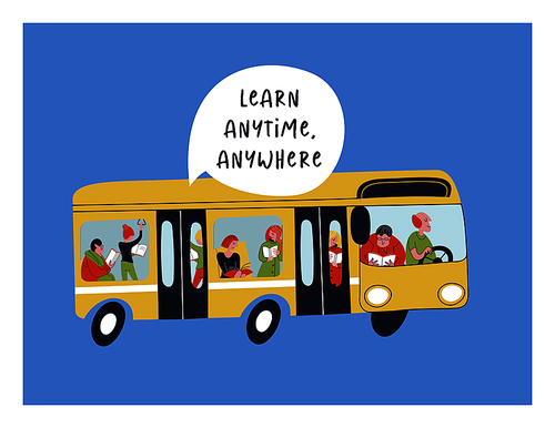 Learn anytime anywhere. Vector illustration. A group of people, men and women, ride in a yellow bus and read books and textbooks. You can always find time for self-development.