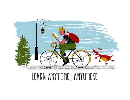 Learn anytime anywhere. Vector illustration. A young man riding a bike and reading a book. Nothing can distract him from learning. Even the dog that runs after the bike and barks.
