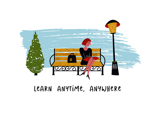 Learn anytime anywhere. Vector illustration. Girl sitting on a bench in the Park and reading a book.