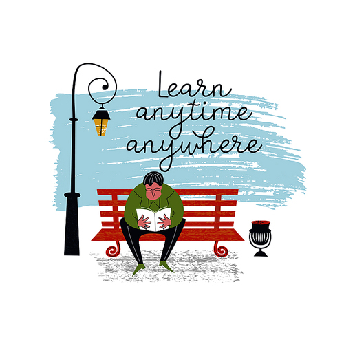 Learn anytime anywhere. Vector illustration. The guy sits on a bench in the Park and reads a book.