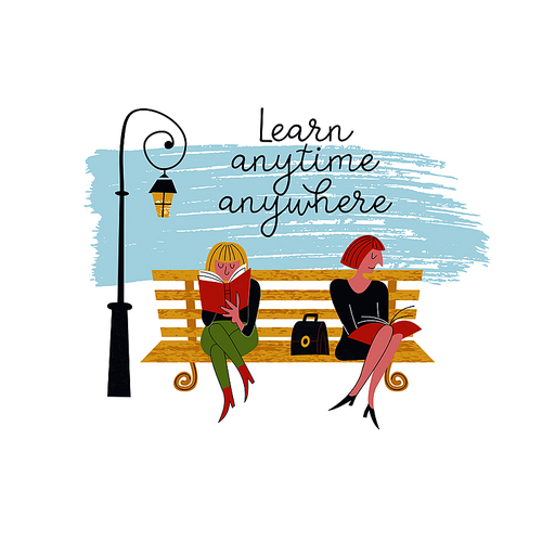 Learn anytime anywhere. Vector illustration. Two girls sit on a bench in the Park and read books.