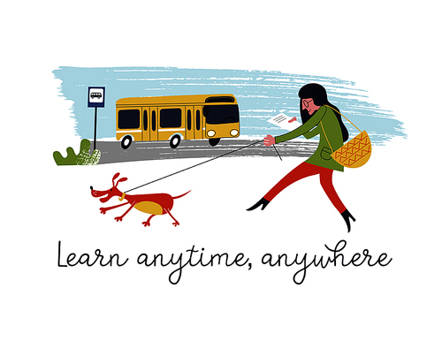 Learn anytime anywhere. Vector illustration. People read books. Always and everywhere. Girl walking her dog and reading a book.
