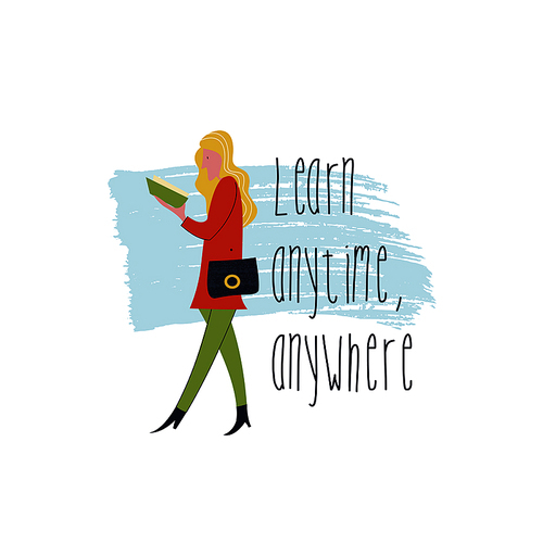 Learn anytime anywhere. Vector illustration. People read books. Always and everywhere. Girl walking and reading a book.