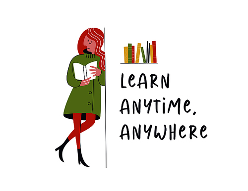 Learn anytime anywhere. Vector illustration. Learn anytime anywhere. Vector illustration. People read books. Always and everywhere. The girl goes to public transport standing and reading a book.