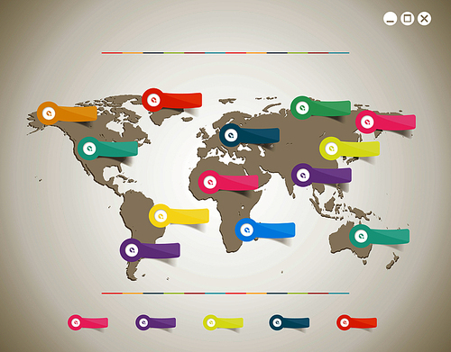 Vector colorful globe map with color stickers.
