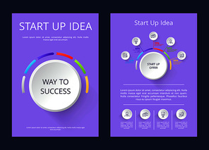 Start up idea, way to success, infographic of offer including icons, information and percentage vector illustration isolated on purple