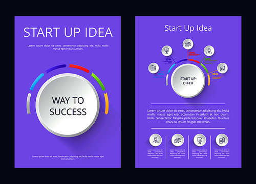 Start up idea, way to success, infographic of offer including icons, information and percentage vector illustration isolated on purple