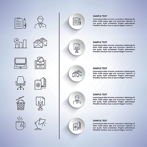 Infographic and explanatory information with titles to each image, icons of man, cup and lamp, computer on left side vector illustration