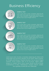 Business efficiency, informational poster with title and text opposite each item represented in circle vector illustration isolated on blue