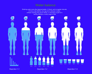 Water balance in human body, infographic with given information about this issue, icon of people and plastic bottles vector illustration