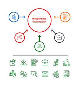Investments visualization with icons of money, golden bars and statistics. Vector illustration with business solutions isolated on white 