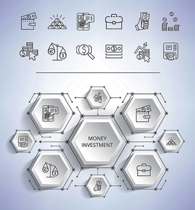 Money investment presentation with icons of cash, suitcase and graphics. Vector illustration of startup ideas isolated on dirty gray background