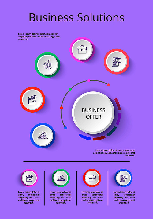 Business solution presentation with icons of income statistics and market analysis on gray background vector illustration for startup demonstration