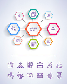 Business concept icons connection, images of briefcase, atm and money, gold and scales on vector illustration isolated on grey background