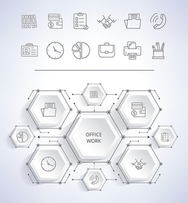 Office work infographic with icons of clock and pie diagram, wallet and handshake in frames, connected to each other on vector illustration