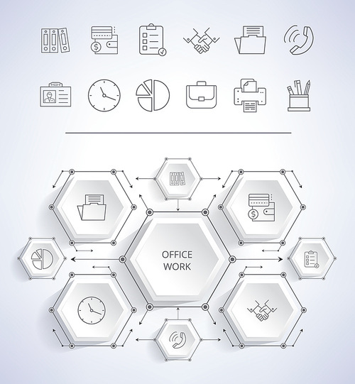 Office work infographic with icons of clock and pie diagram, wallet and handshake in frames, connected to each other on vector illustration