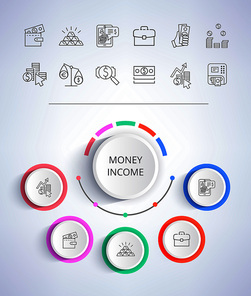 Money income e-commerce web buttons business solution presentation with icons of income statistics and market analysis on gray background vector