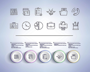 Set of infographic elements which are icon of clock and phone, briefcase and handshake, and text sample above some images on vector illustration