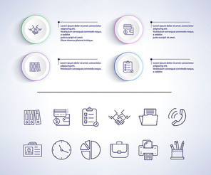 Infographic with explanatory text sample and icons of handshake and documents, wallet and paper near it vector illustration isolated on grey