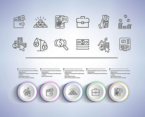 Business solution presentation with icons of income statistics and market analysis on gray background. Vector illustration for startup demonstration