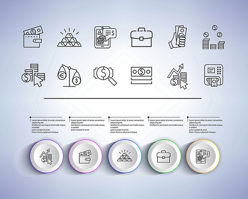 Business solution presentation with icons of income statistics and market analysis on gray background. Vector illustration for startup demonstration