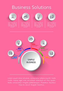 Business solution icons and explanatory information below them, percentage to represent constituent parts vector illustration isolated on pink
