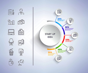 Set up idea infographic with icons in circle and text below, images of businessman, computer and e-mail, lamp and tea on left side vector illustration