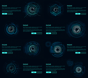 Radar webpages collection with text sample, headlines and buttons saying about and read more, vector illustration isolated on blue background