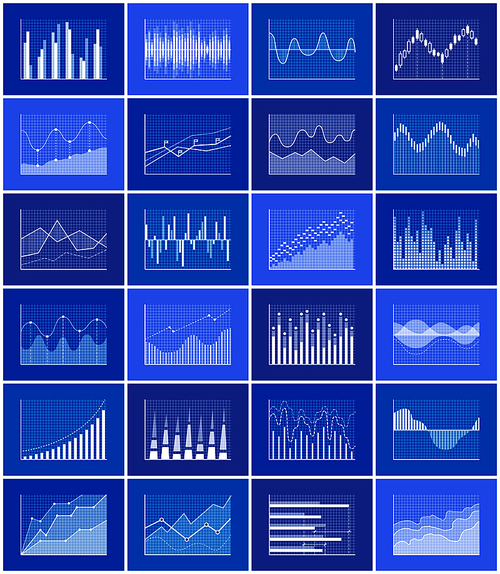 Graph collection poster with diagrams and graphs, falling and rising business data financial charts, vector illustration isolated on blue background