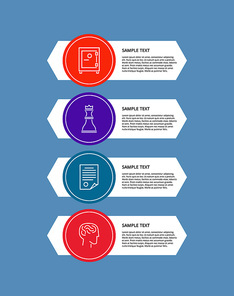 Infographic elements, circular icons filled with colors, stripes with text sample, and headline, vector illustration, isolated on blue background