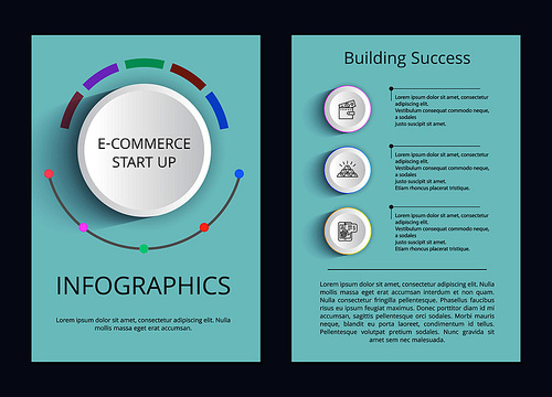 E-commerce start up and building success infographic posters with visual schemes and sample text cartoon flat vector illustrations on blue background.