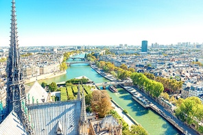 Paris cityscape with Seine river, aerial architecture, roofs and city view