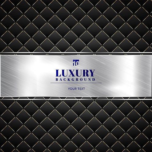 Luxury invitation black background with a pattern of squares texture and silver ribbon banner. Vector illustration