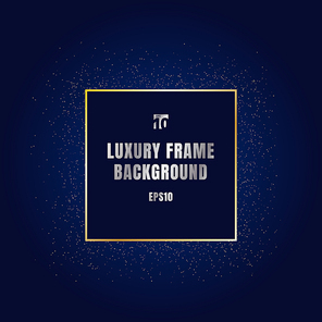 Luxury gold square frame with shiny golden glitter textured decoration design on dark blue background. Festive border. Vector illustration